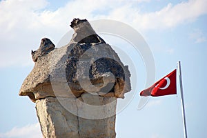 Rock formations called fairy chimneys in Cappadocia, Turkey