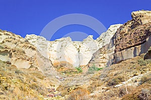 Rock formations of the cliff top of Santorini island Greece