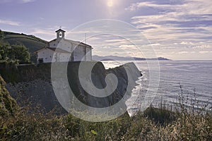 Rock formations on the coast of Zumaya, Spain, San Telmo Chapel. Flysch photo