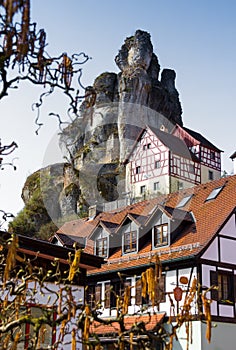 Rock formations with houses Franconian Switzerland Germany