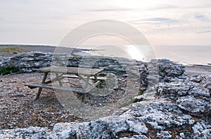 Rock formations on the island of FÃÂ¥rÃÂ¶, Langhammars RaukomrÃÂ¥de, Sweden, Gotland, Europe photo