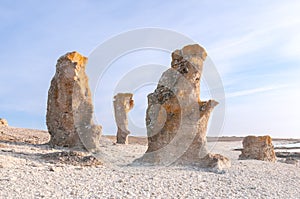 Rock formations on the island of FÃÂ¥rÃÂ¶, Langhammars RaukomrÃÂ¥de, Sweden, Gotland, Europe photo