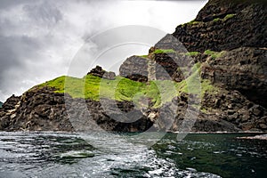 Rock formations like white waterfall on Oki Islands, Shimane, Japan, Unesco Global Geopark, Sea of Japan