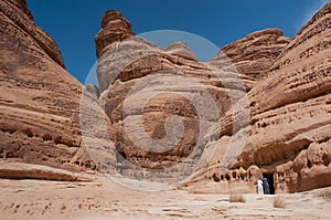 Rock formations in MadaÃ®n Saleh, Saudi Arabia