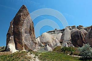 Rock formations near the ancient cave city of Cavusin in Cappadocia, Turkey