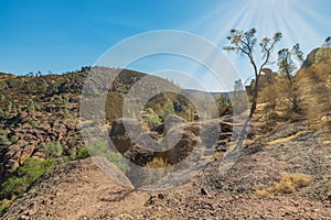 Rock formations in Pinnacles National Park in California, the destroyed remains of an extinct volcano on the San Andreas Fault.