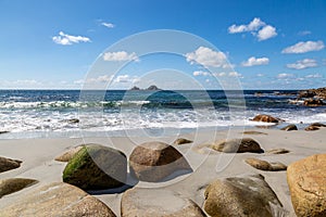 Rock formations on Porth Nanven beach at low tide