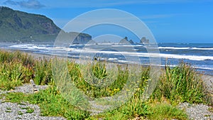 Rock formations and scenic landscape at Motukiekie Beach in New Zealand