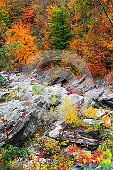 Rock formations by scenic Ottauquechee river near Woodstock, Vermont