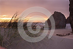 Rock formations at sunset on the southern Oregon coast.