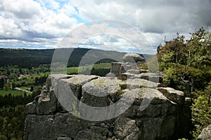 Rock formations in Szczeliniec Wielki in the Stolowe Mountains, the Sudeten range in Poland.