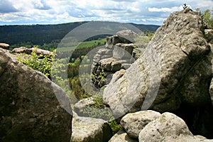 Rock formations in Szczeliniec Wielki in the Stolowe Mountains, the Sudeten range in Poland.