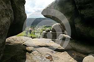 Rock formations in Szczeliniec Wielki in the Stolowe Mountains, the Sudeten range in Poland.