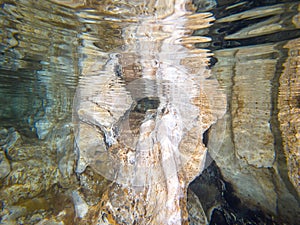 Rock formations underwater in a cave