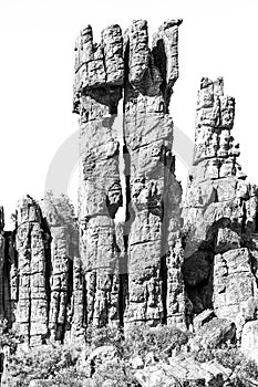 Rock formations on the Vensterklippe hiking trail at Dwarsrivier. Monochrome