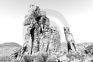 Rock formations on the Vensterklippe hiking trail at Dwarsrivier. Monochrome