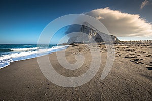 The Rock of Gibraltar from the beach of La Linea, Spain