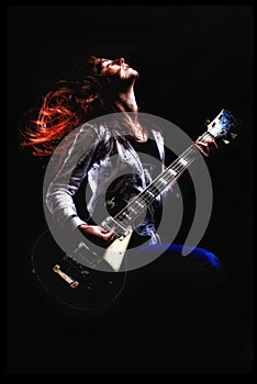 Rock girl with guitar fractal background