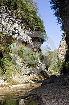 A little train travels to Guam gorge in the Caucasus. Russia photo