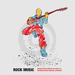 Rock Guitar Player Jumping with guitar. Vector outline of Rock Music Festival banner with scribble doodles style.
