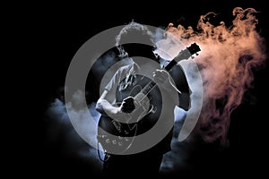 Rock guitar player smoke. Band play. Generate Ai
