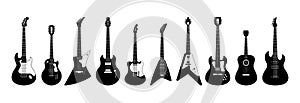 Rock guitar silhouette. Musical string instruments. Electric fender. Neck and bass in drawn acoustic music sketch. Black