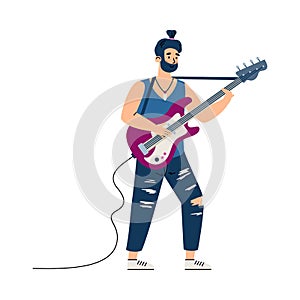 Rock guitarist character performing on stage, flat cartoon vector illustration.