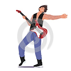 Rock Guitarist Male Character Wearing Jeans Playing on Electric Guitar, Isolated Artist with Amp Performing Concert