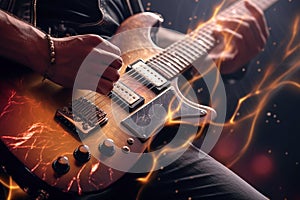 Rock guitarist, metal rockstar playing guitar with lightning on the strings