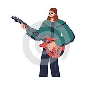 Rock guitarist playing electric guitar. Man, grunge musician performing music on string instrument. Rocker player in