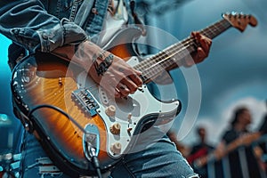 Rock guitarist playing electric guitar on stage during live concert