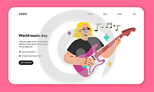 Rock guitarist playing music with electric guitar web banner or landing