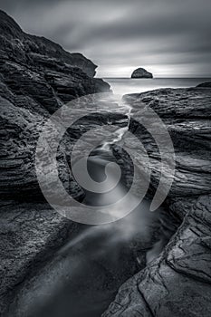 Rock Gully and riverlet leading down to beach, Trebarwith Strand