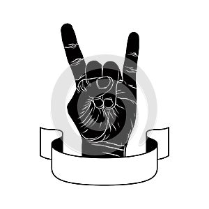 Rock on hand creative sign with ribbon, music emblem, rock n roll, hard rock, heavy metal, music, detailed black and white vector