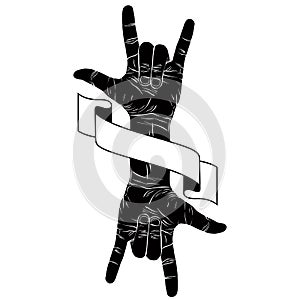 Rock on hand creative sign with two hands an ribbon, music emblem, rock n roll, hard rock, heavy metal, music, detailed black and