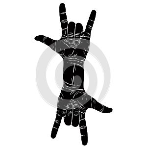 Rock on hand creative sign with two hands, rock n roll, hard rock, heavy metal, music, detailed black and white vector