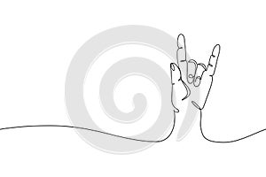 Rock on hand gesture one line drawing. Palm with fingers in rock sign, continuous line hand sign of rocker for print