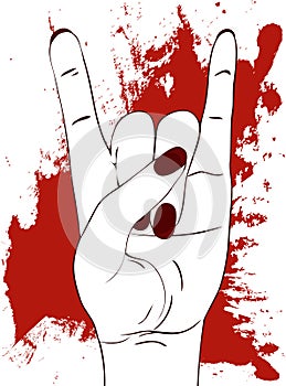 Rock hand gesture with red paint stains on white background.