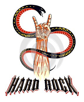 Rock hand sign with aggressive snake, hot music Rock and Roll gesture and serpent, Hard Rock festival concert or club, vector