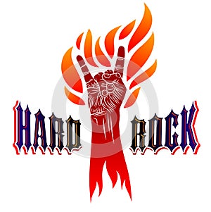 Rock hand sign on fire, hot music Rock and Roll gesture in flames, Hard Rock festival concert or club, vector label emblem or logo