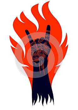 Rock hand sign on fire, hot music Rock and Roll gesture in flames, Hard Rock festival concert or club, vector label emblem or logo