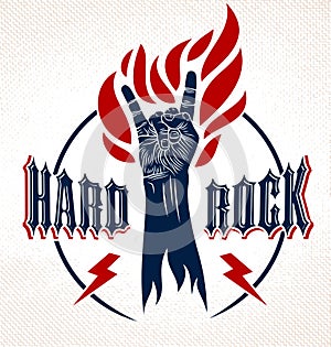 Rock hand sign on fire, hot music Rock and Roll gesture in flames, Hard Rock festival concert or club, vector label emblem or logo