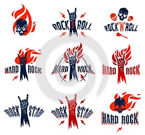 Rock hand sign on fire set, hot music Rock and Roll gesture in flames, Hard Rock festival concert or club, vector labels emblems