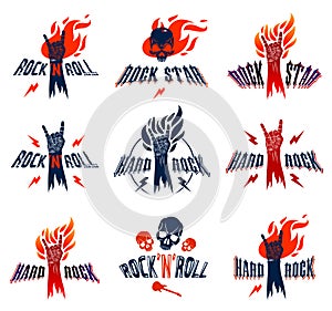 Rock hand sign on fire set, hot music Rock and Roll gesture in flames, Hard Rock festival concert or club, vector labels emblems