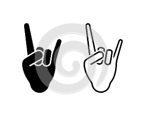 Rock hand sign gesture vector illustration icon set. Two fingers fist heavy metal horn line outline silhouette pictogram