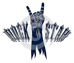 Rock hand sign, hot music Rock and Roll gesture, Hard Rock festival concert or club, vector label emblem or logo, musical