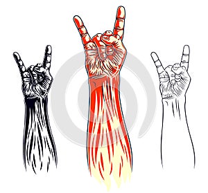 Rock hand sign, hot music Rock and Roll gesture, Hard Rock festival concert or club, vector label emblem or logo, musical