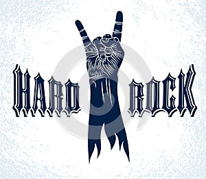 Rock hand sign, hot music Rock and Roll gesture, Hard Rock festival concert or club, vector label emblem or logo, musical