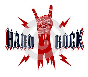 Rock hand sign with lightning bolts, hot music Rock and Roll gesture, Hard Rock festival concert or club, vector label emblem or