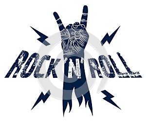 Rock hand sign with lightning bolts, hot music Rock and Roll gesture, Hard Rock festival concert or club, vector label emblem or